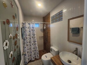 Hair dryer, towels, soap, toilet paper