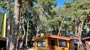 A small wooden cabin with a red roof, surrounded by tall trees and a clear blue sky. - New Houses Available Near the sea in Dziwnowek (Dziwnów)