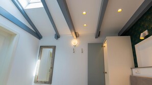 A bedroom with a skylight, a bed, a wardrobe, and a mirror.