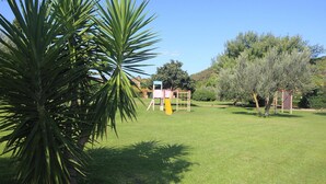 Ein grünes Areal im Freien mit einer Palme, einer Spielanlage und einem Gebäude im Hintergrund.