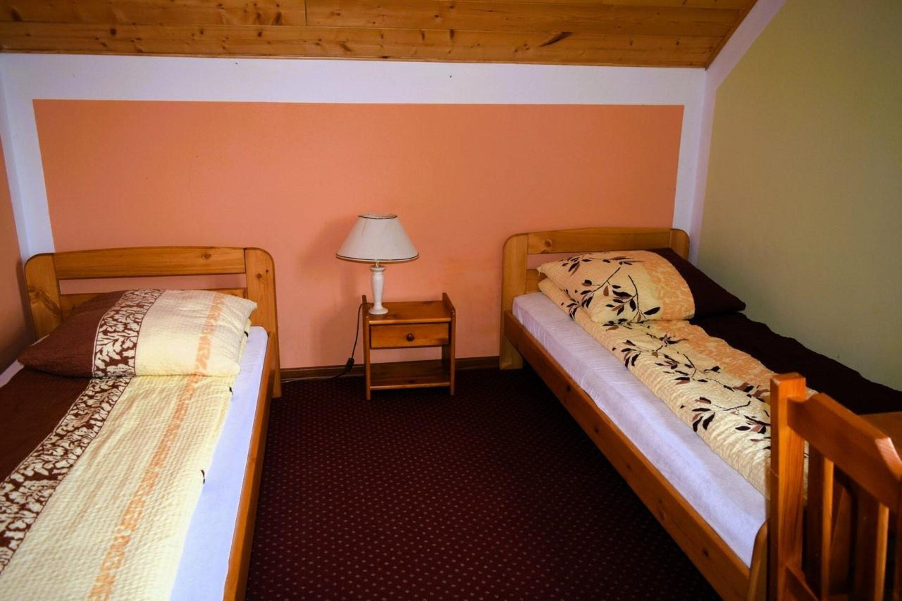 A room with two wooden beds, a nightstand with a lamp, and a red carpeted floor.