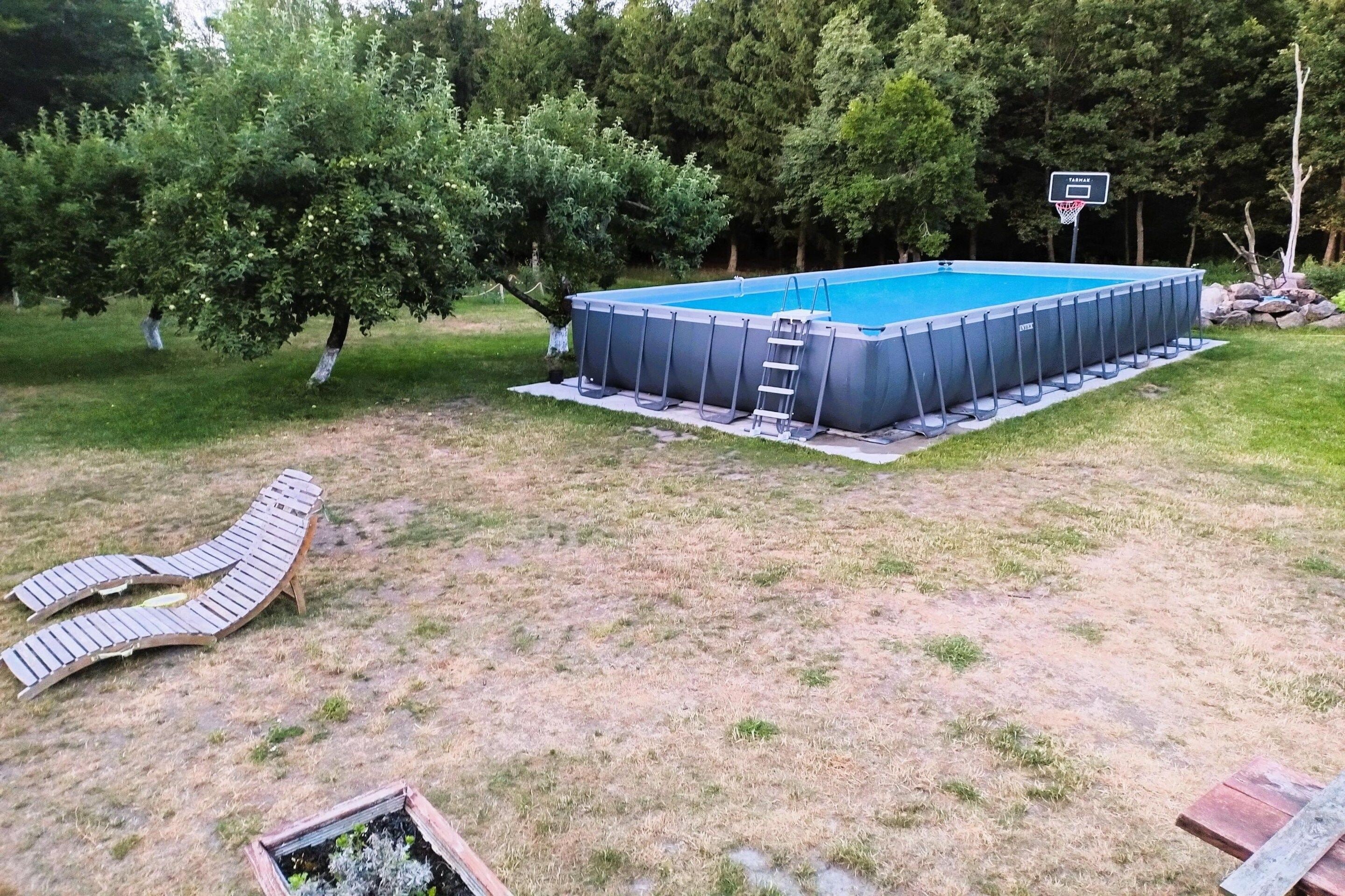 Piscina rectangular con escalera y aro de baloncesto en un patio trasero.