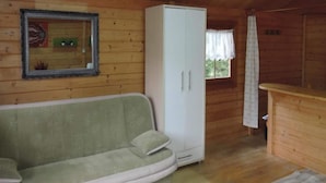 A room with a green sofa, a white wardrobe, and a wooden floor.