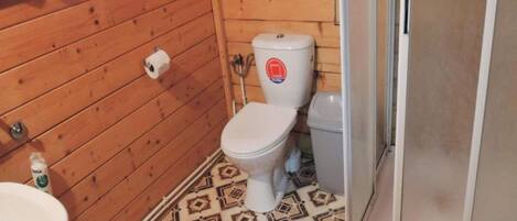 A small bathroom with a toilet, sink, and patterned floor.
