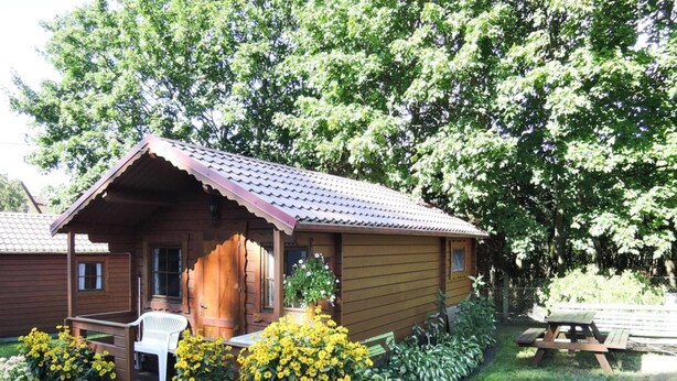 A wooden cabin with a porch, surrounded by a garden with yellow flowers and a picnic table.