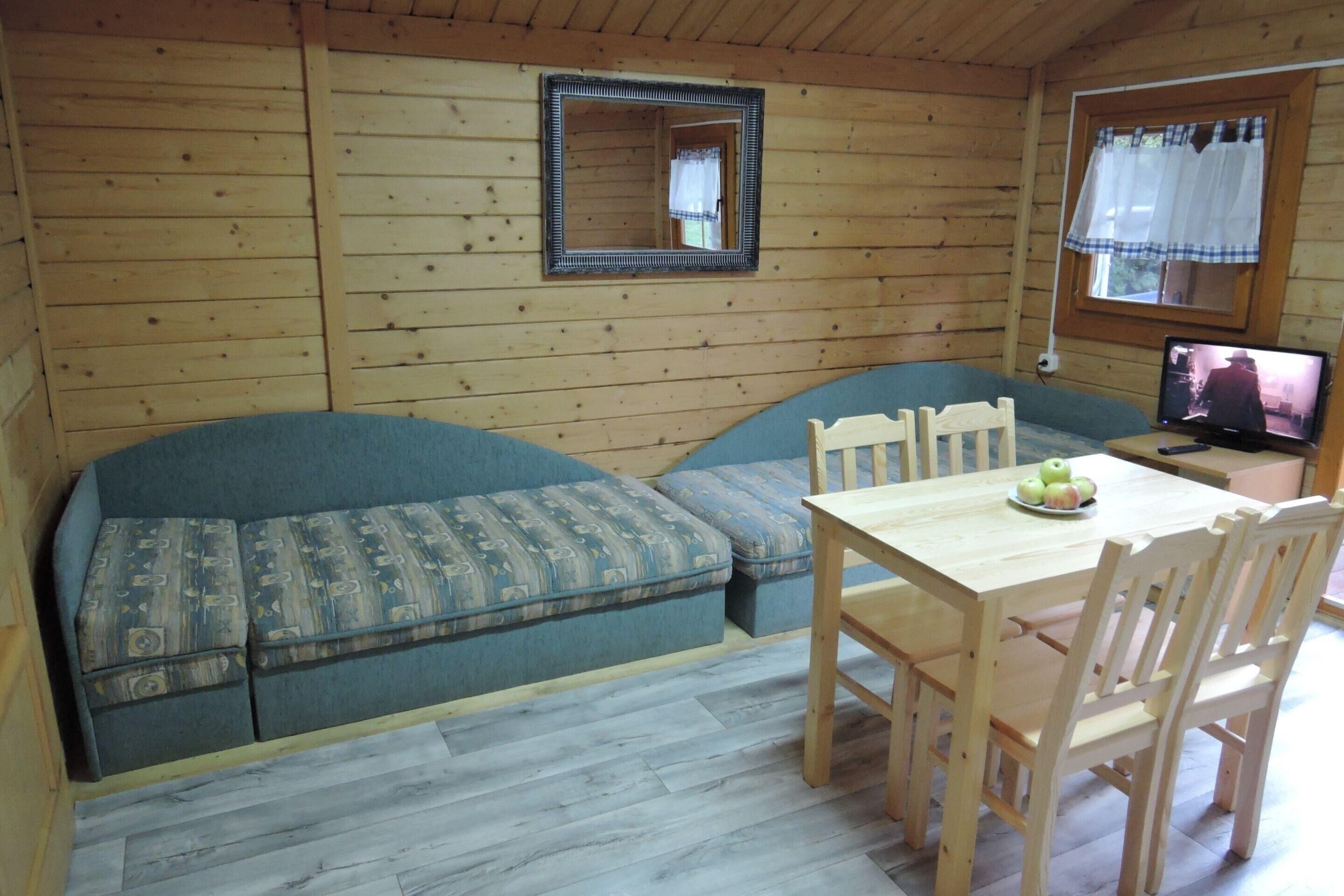 Een houten cabin met een bank, een eettafel met stoelen, een spiegel en een televisie.