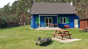 A blue house with a patio, a barbecue grill, and a small shed. - Holiday Home in Nowe Warpno Jagoda (Nowe Warpno)