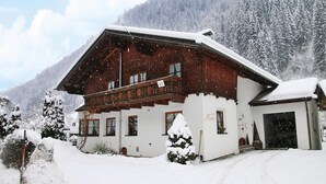 A wooden chalet with a sloped roof, surrounded by snow-covered trees and mountains. - Apartments Home Mario, See im Paznauntal (See)