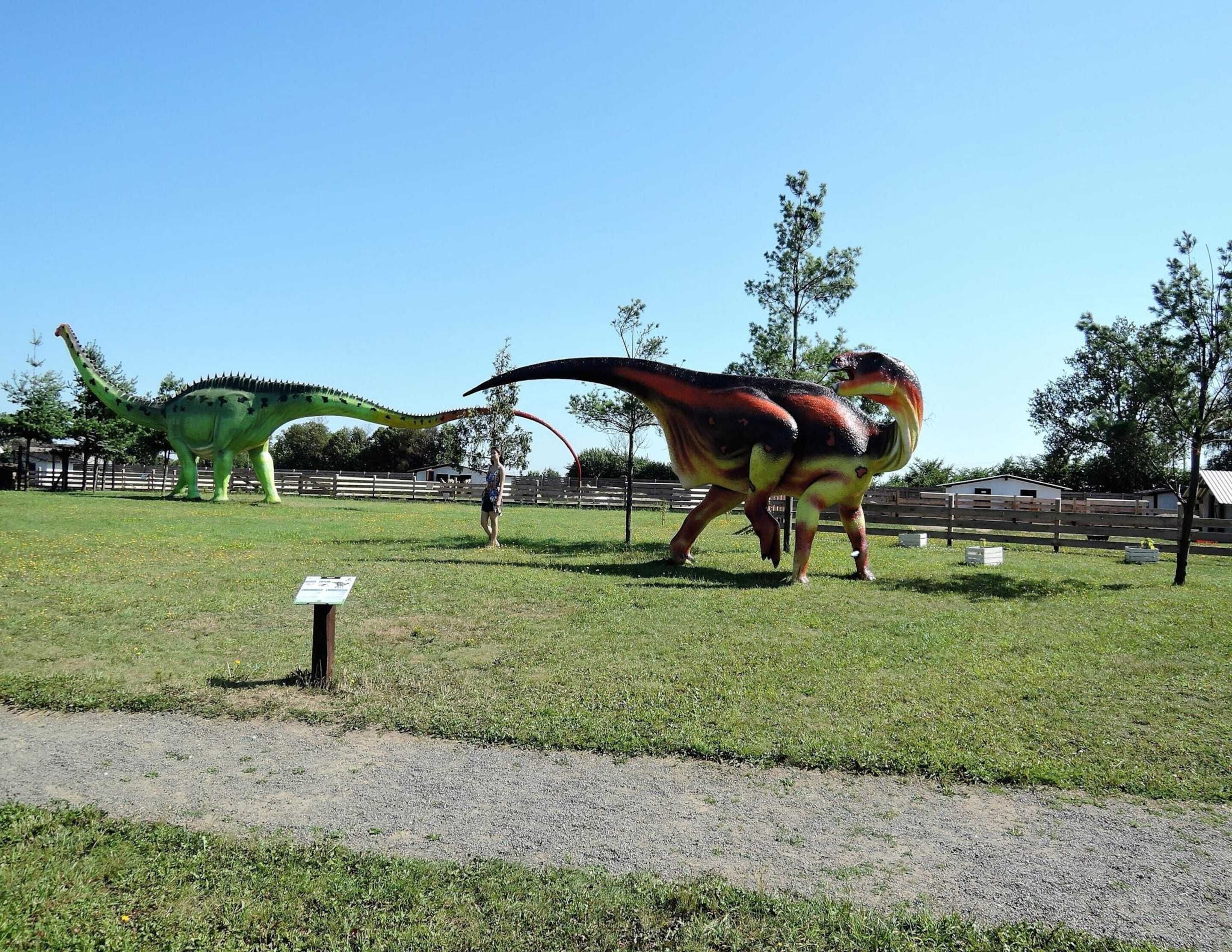 A dinosaur exhibit with a green and a multicolored dinosaur.