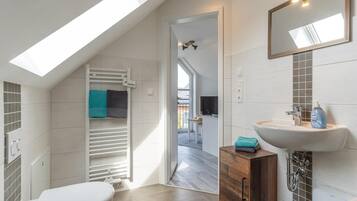A modern bathroom with a skylight, a white toilet, a wooden cabinet, and a sink with a mirror.