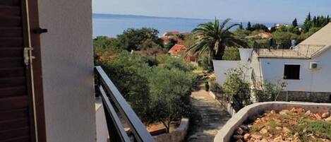 A balcony with a view of a residential area, a pathway, and a body of water in the distance.