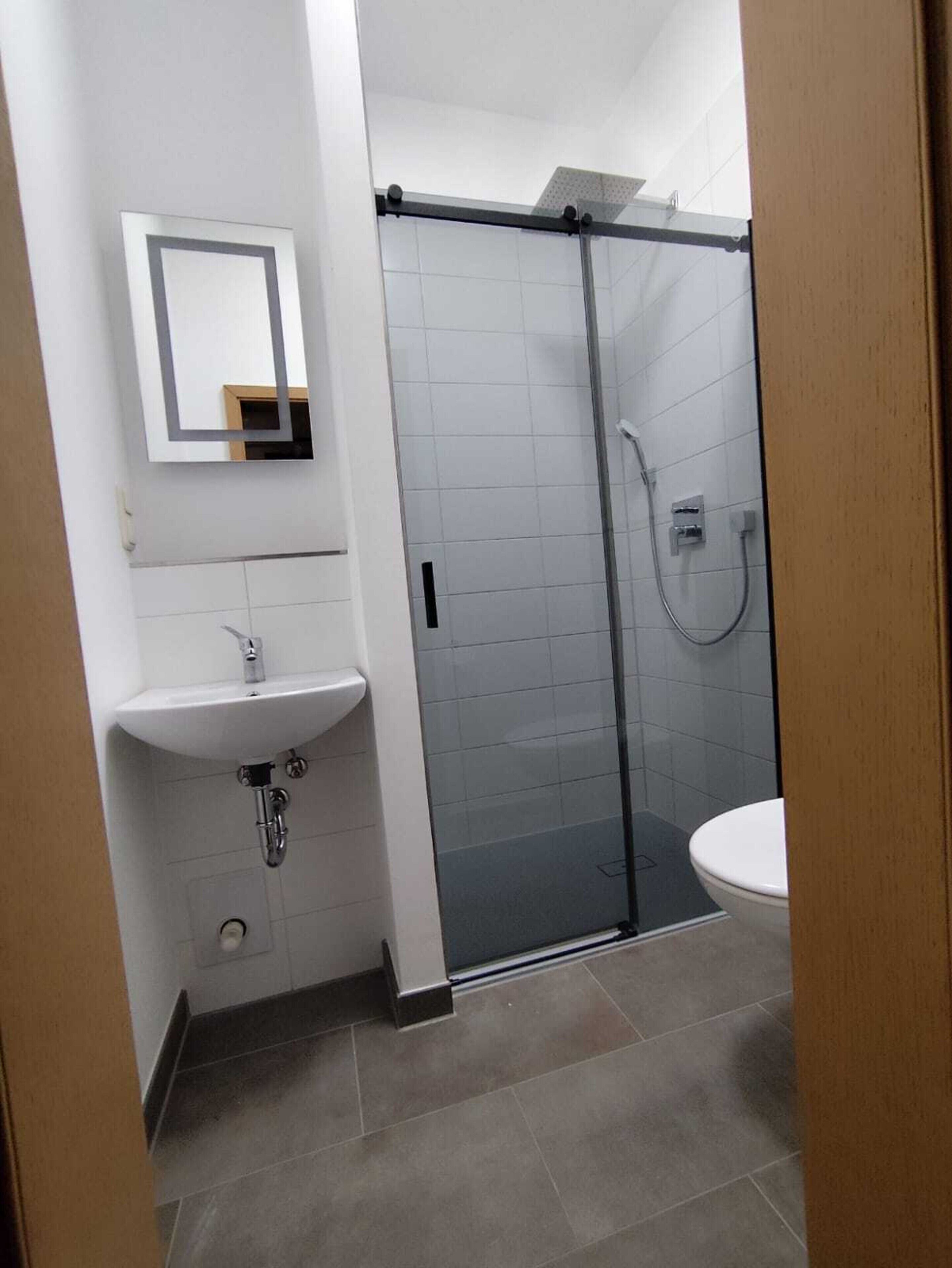 A modern bathroom with a glass-enclosed shower, a sink, and a toilet.