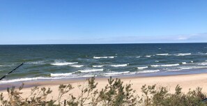 Ein Strand mit Wellen, sandigem Ufer und spärlicher Vegetation.
