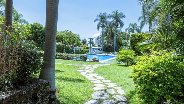 A pool area with a stone pathway leading to a pool, surrounded by lush greenery and palm trees. - New house with pool and grill area (Cuernavaca)