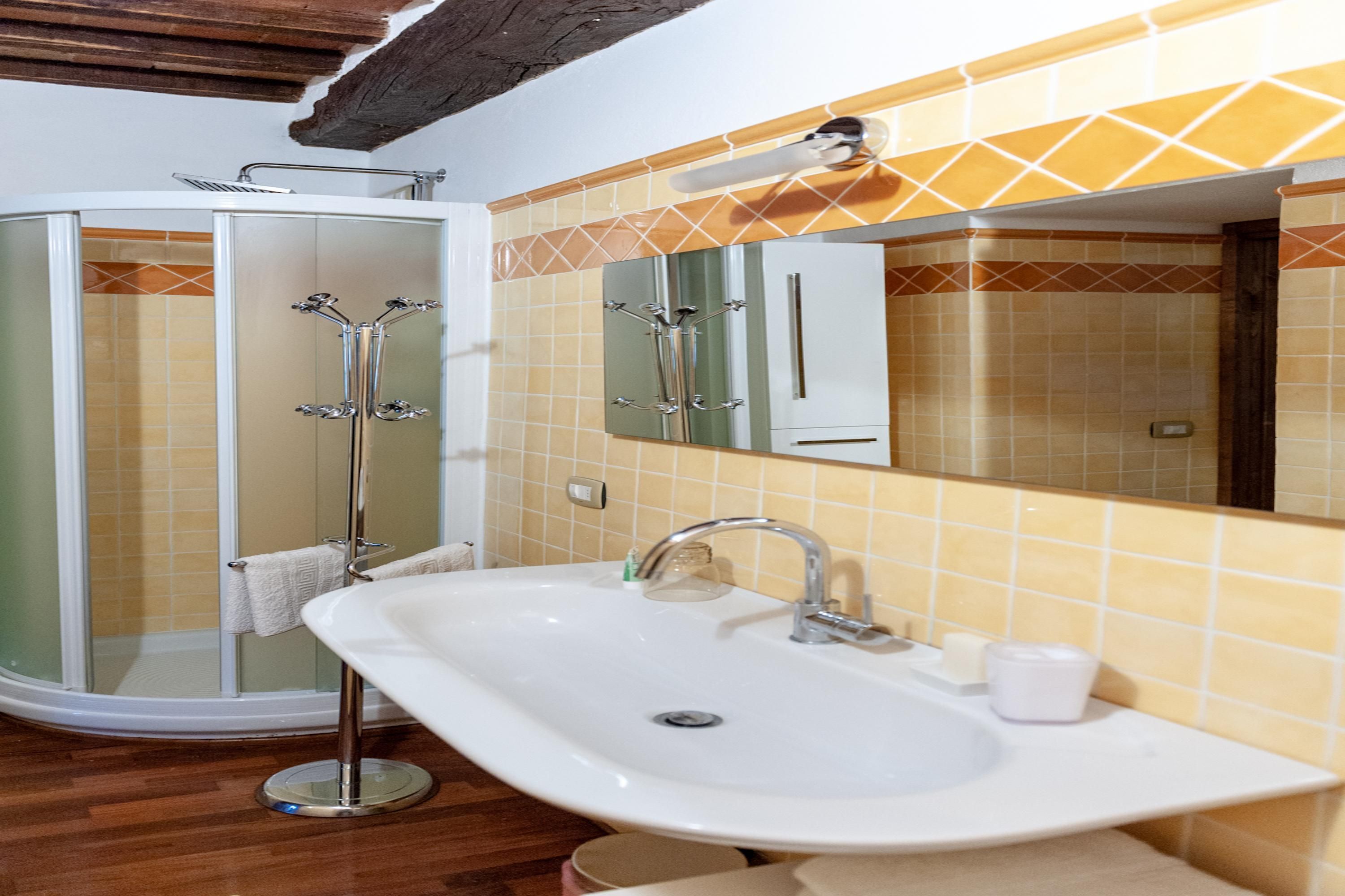 A bathroom with a shower, a sink, and a mirror.