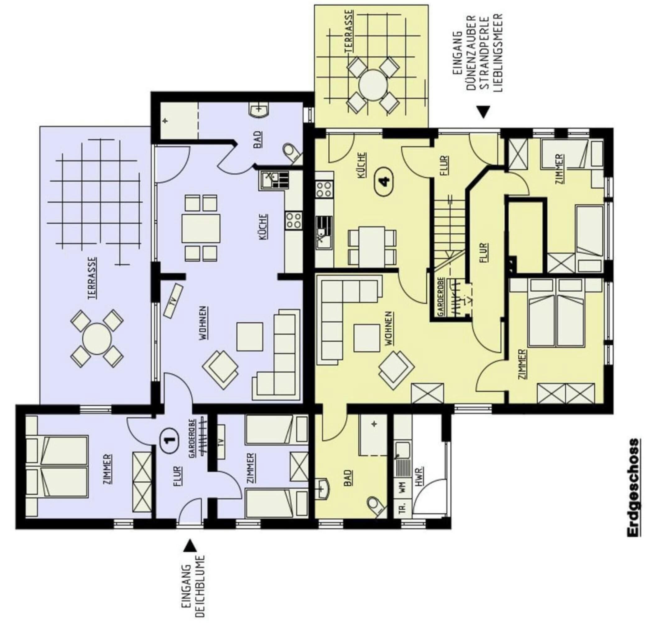 A floor plan of a hotel with multiple rooms, a terrace, and a dining area.