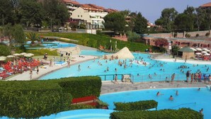 Une grande piscine extérieure entourée d’une végétation luxuriante et de bâtiments aux toits rouges.