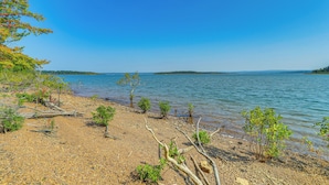 Una spiaggia di ciottoli con poca vegetazione e un cielo azzurro limpido.