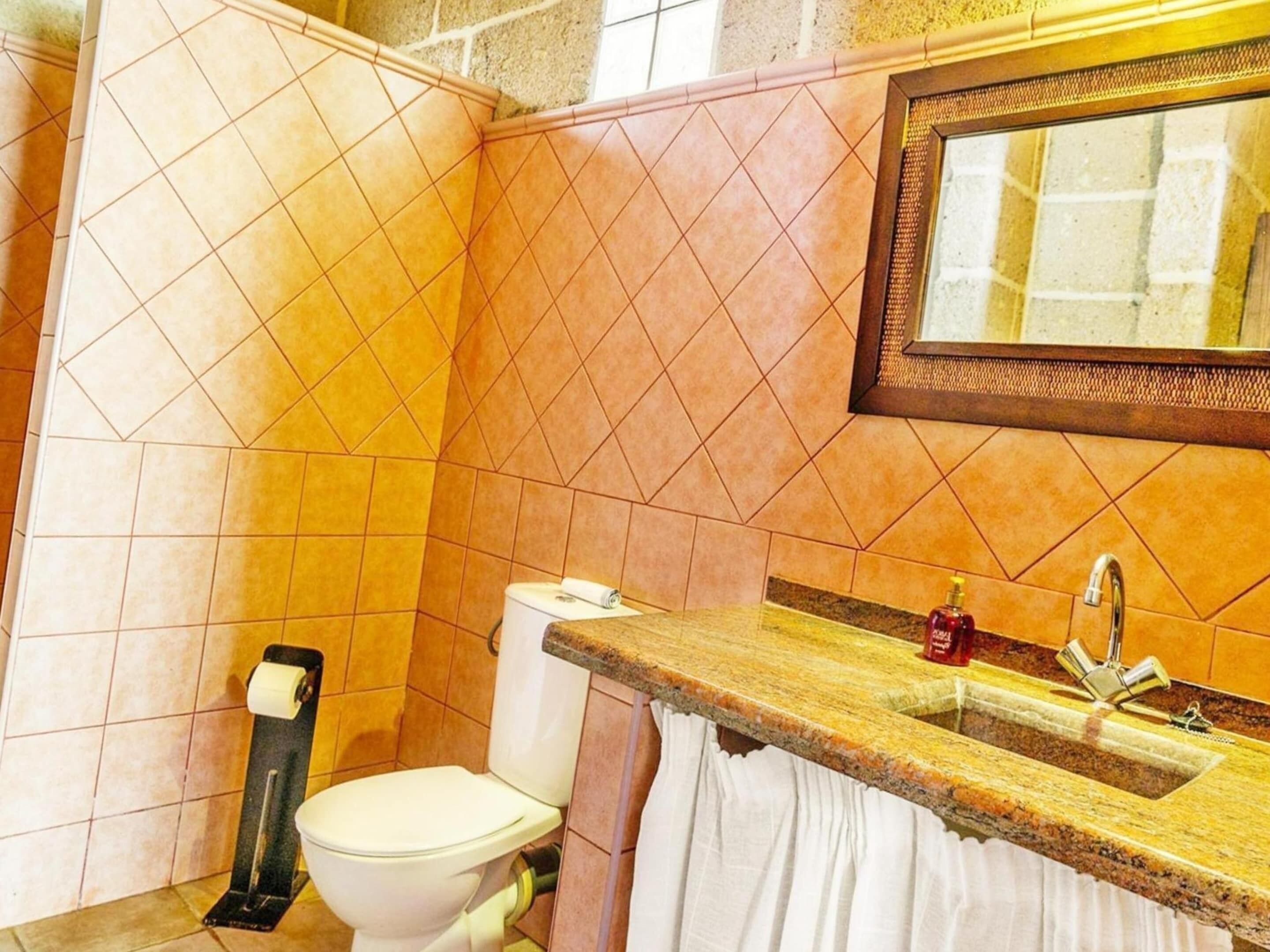 Un bagno con il water, un lavandino e uno specchio.