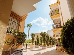 Un cortile con piante in vaso, una palma e un edificio con balconi.