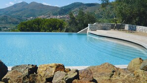 Une piscine à bordures courbes, entourée de rochers et d’un mur de pierre.