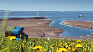 Ett kustlandskap med en sandstrand, en liten båt och en cykel.