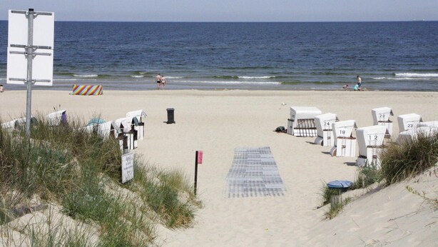 Ein Strand mit nummerierten Strandkörben, einem Wegweiser und freiem Blick auf das Meer.