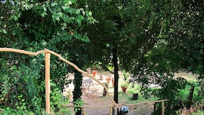 A wooden bridge over a gravel path in a garden with potted plants and trees.