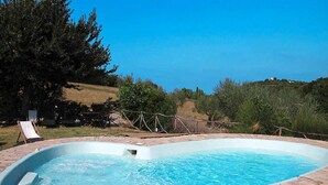 A rectangular swimming pool with a brick border, surrounded by a grassy area and trees.