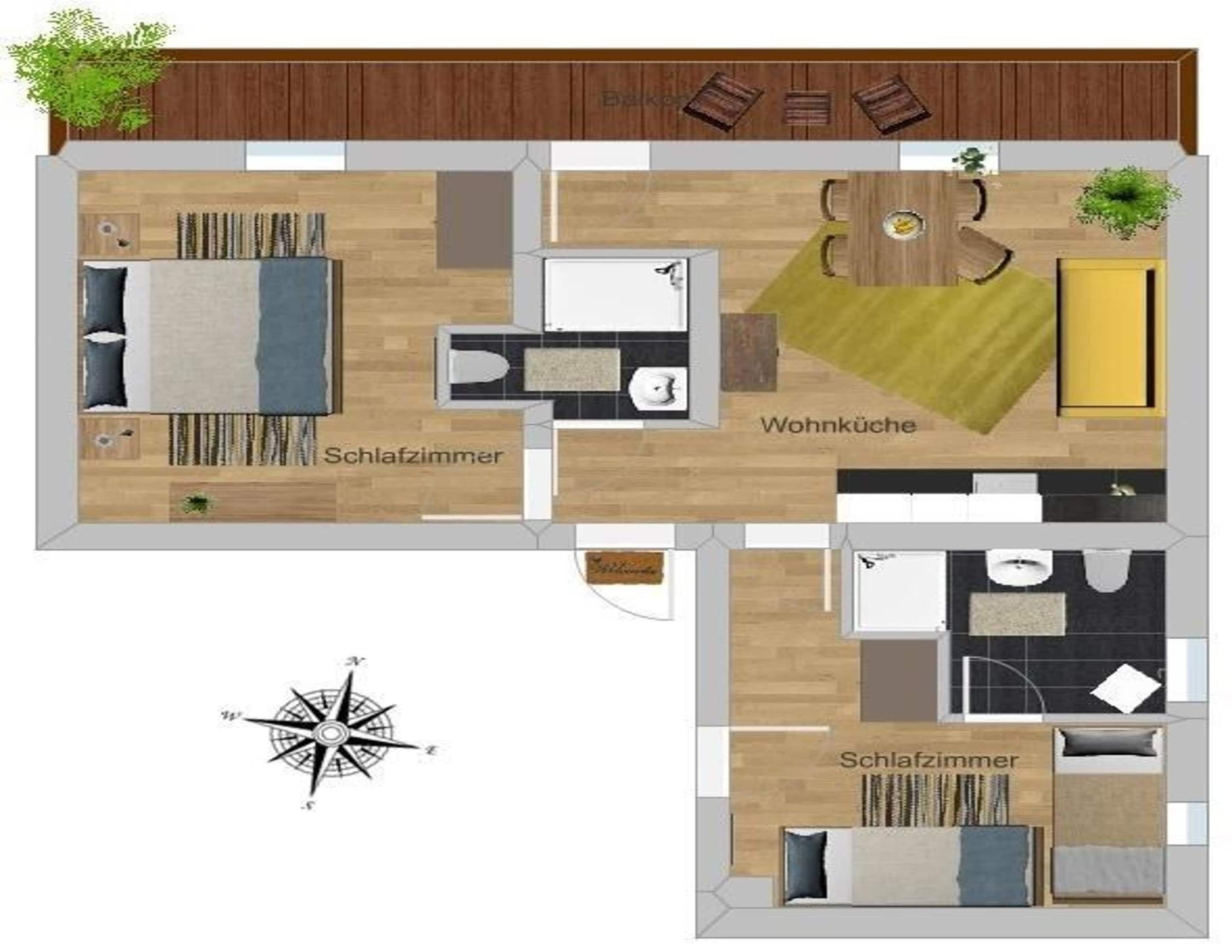 A floor plan of a hotel with a bedroom, bathroom, and living area.