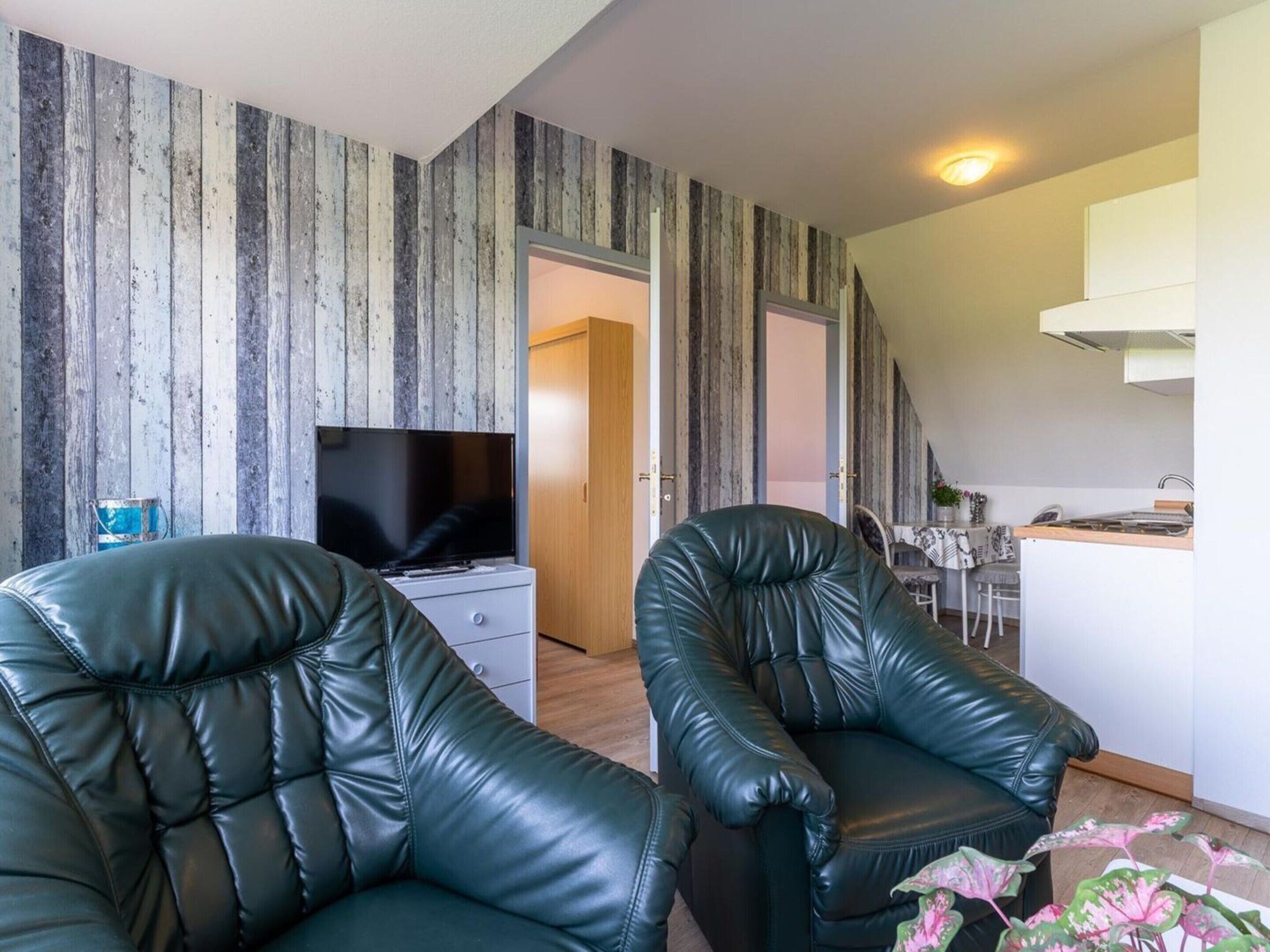 Una sala de estar moderna con dos sillones de cuero, un televisor de pantalla plana y una kitchenette al fondo.