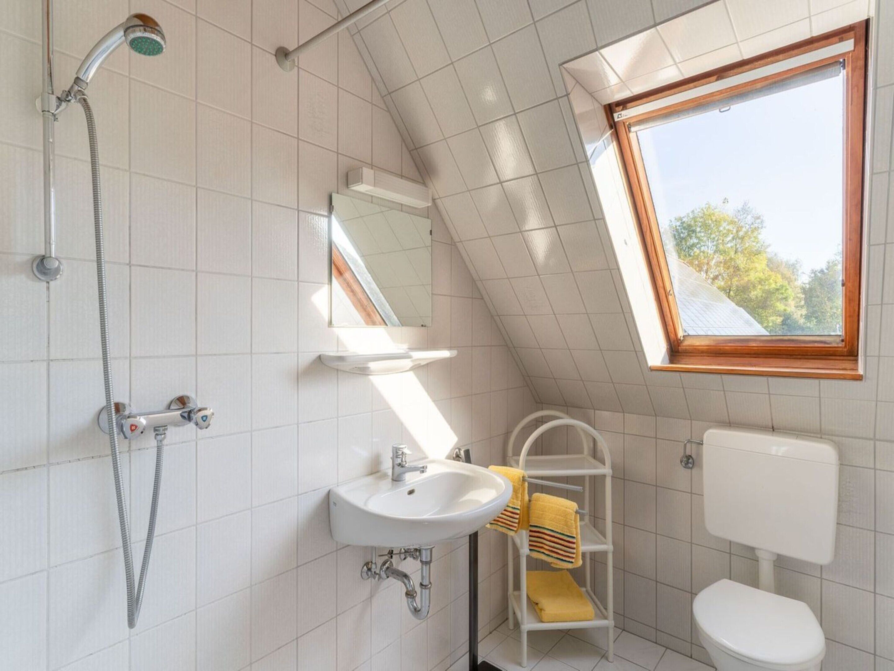 Une salle de bain moderne dotée d’une lucarne, d’une douche, d’un lavabo, de toilettes et d’un porte-serviettes.