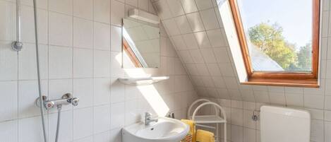 Une salle de bain moderne dotée d’une lucarne, d’une douche, d’un lavabo, de toilettes et d’un porte-serviettes.