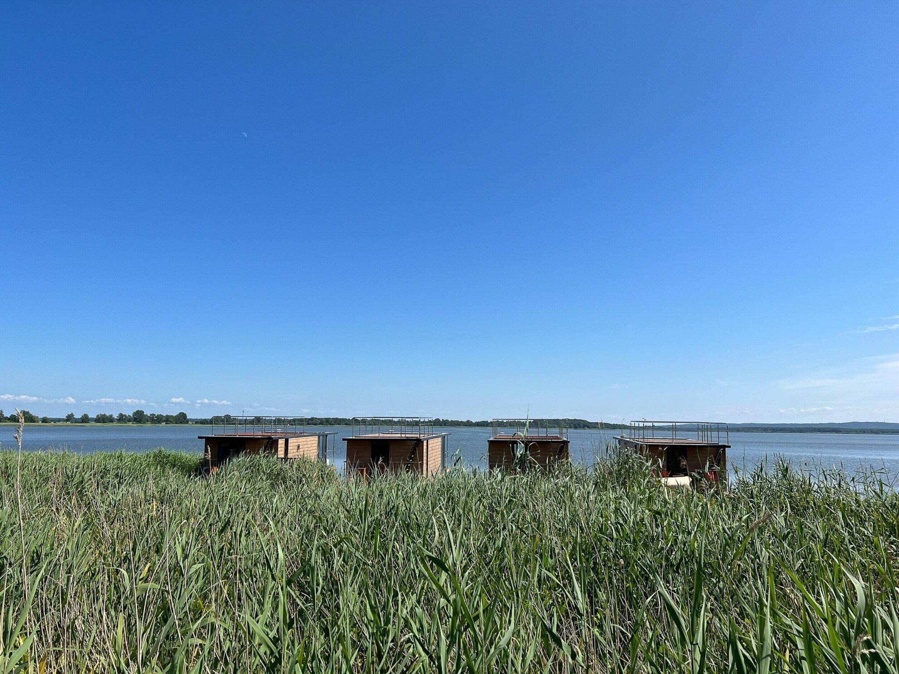 A waterfront property with three wooden cabins, surrounded by tall grass and a clear blue sky.