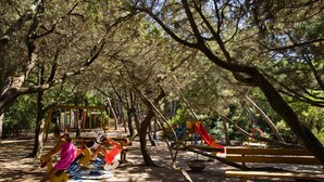 A playground with swings, slides, and a bench. - Residence Baia Verde, Valledoria (Valledoria)