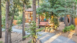 A rustic cabin surrounded by tall trees, with a paved driveway leading to a wooden deck.