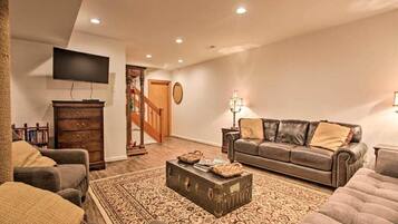 TV, fireplace, DVD player, foosball