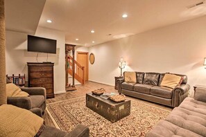 TV, fireplace, DVD player, foosball