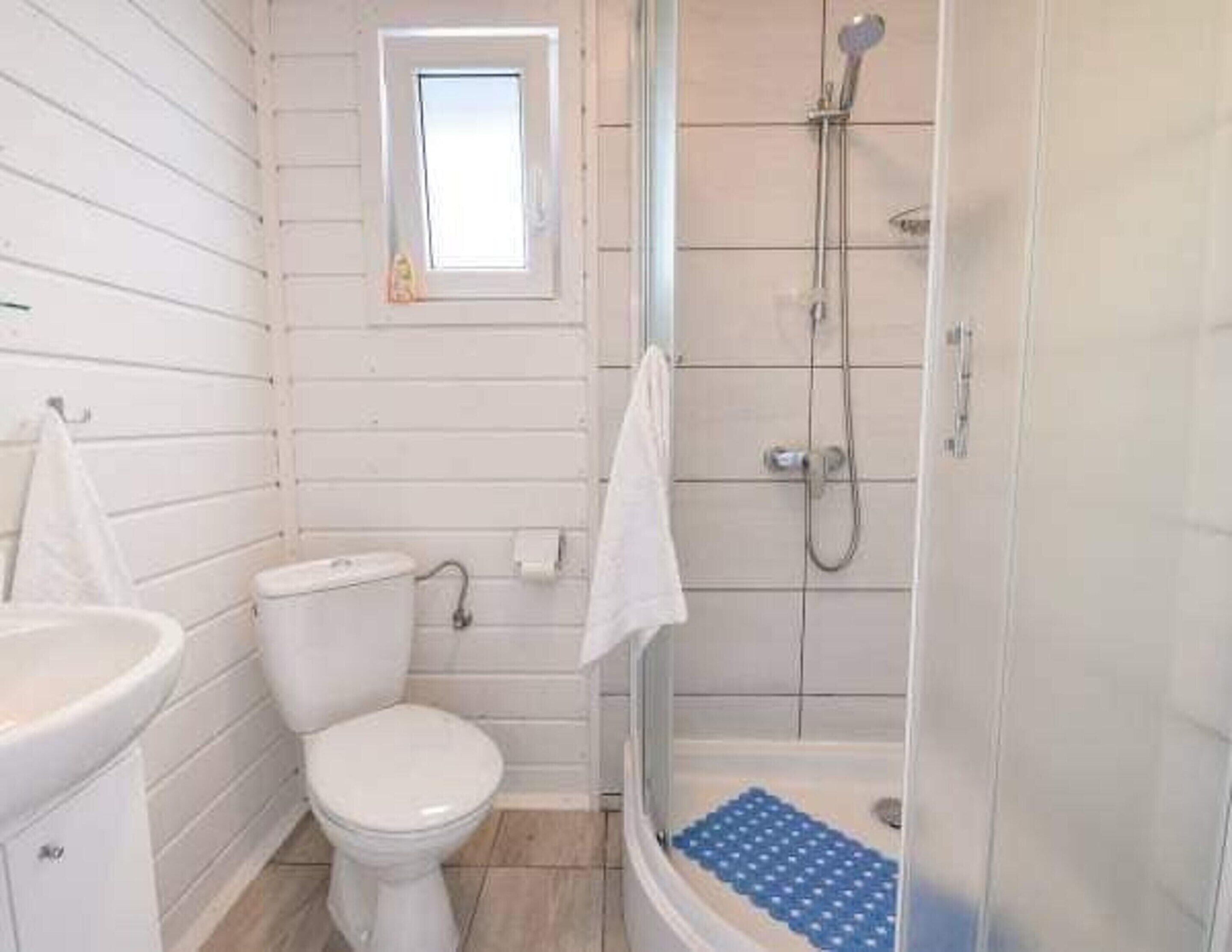 A bathroom with a toilet, a sink, and a shower.
