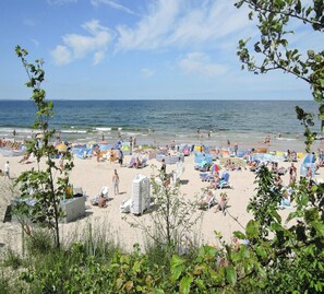 A beach with numerous sun loungers and umbrellas, a clear sky, and the ocean in the background. - Holiday Home in Lukecin Near Baltic Sea (Dziwnów)