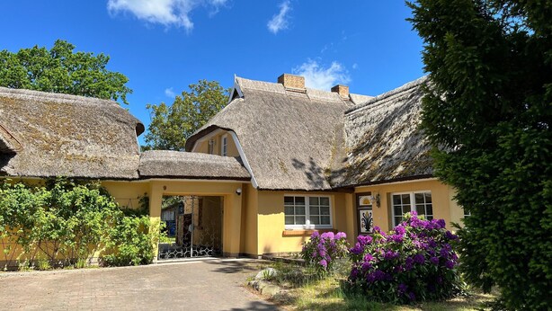 A traditional building with a thatched roof, a yellow facade, and a small garden with purple flowers. - Ferienwohnung, Wieck am Darss (Wieck auf dem Darss)