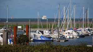 Una marina con diverse imbarcazioni ormeggiate, una grande nave sullo sfondo e una zona verdeggiante in primo piano.