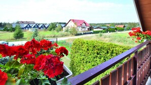 Een balkon met rode bloemen, uitzicht op huizen en een strak bijgesnoeid haag.
