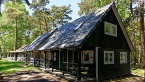 A row of cabins with a covered porch and a small deck, surrounded by tall trees. - Cottage in Pobierowo for 5 People (Rewal)