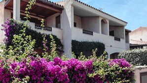 A two-story building with a balcony, a tiled roof, and a garden with purple flowers. - Apartment in Cannigione (Arzachena)