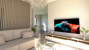 A modern living room with a large flat-screen TV, a sofa, a glass coffee table, and a decorative light fixture. - Apartment in Privlaka Near Sandy Beach (Privlaka)