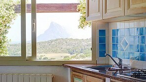 Una cucina con mobili in legno, una finestra con vista su una montagna e uno schienale piastrellato.