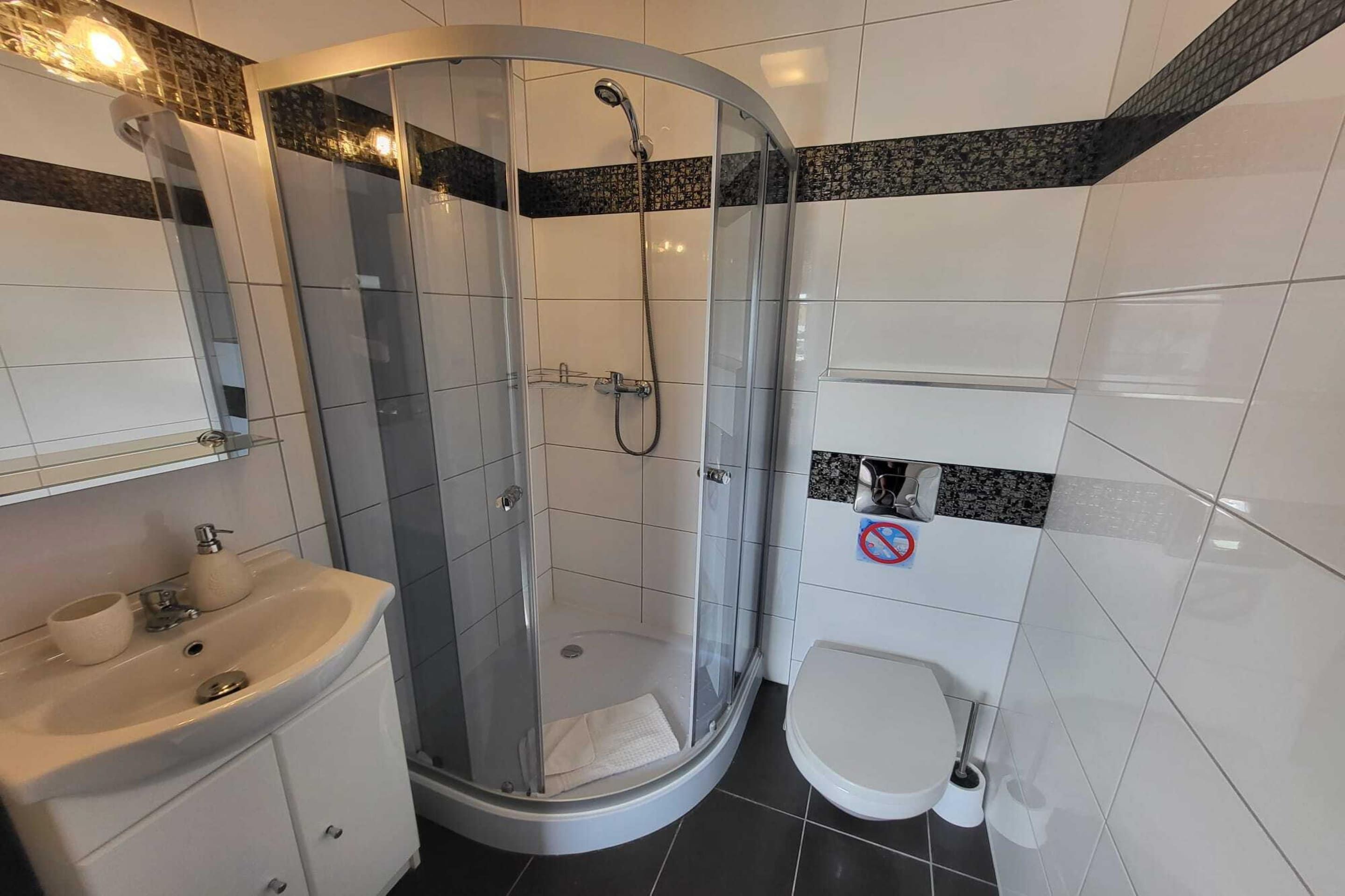 A modern bathroom with a glass-enclosed shower, a sink, and a toilet.