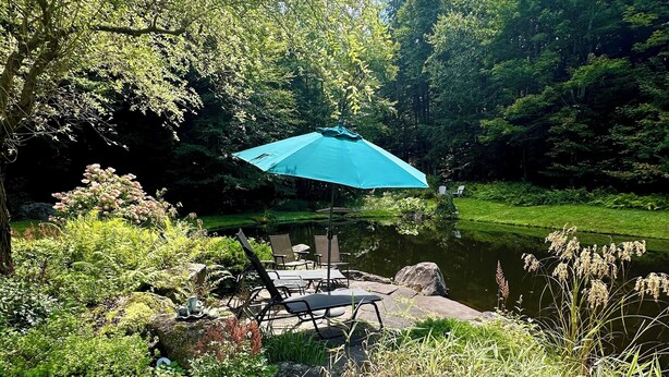 En fredfyldt søside med et bord og stole under en blå parasol, omgivet af frodig vegetation og stille vand.