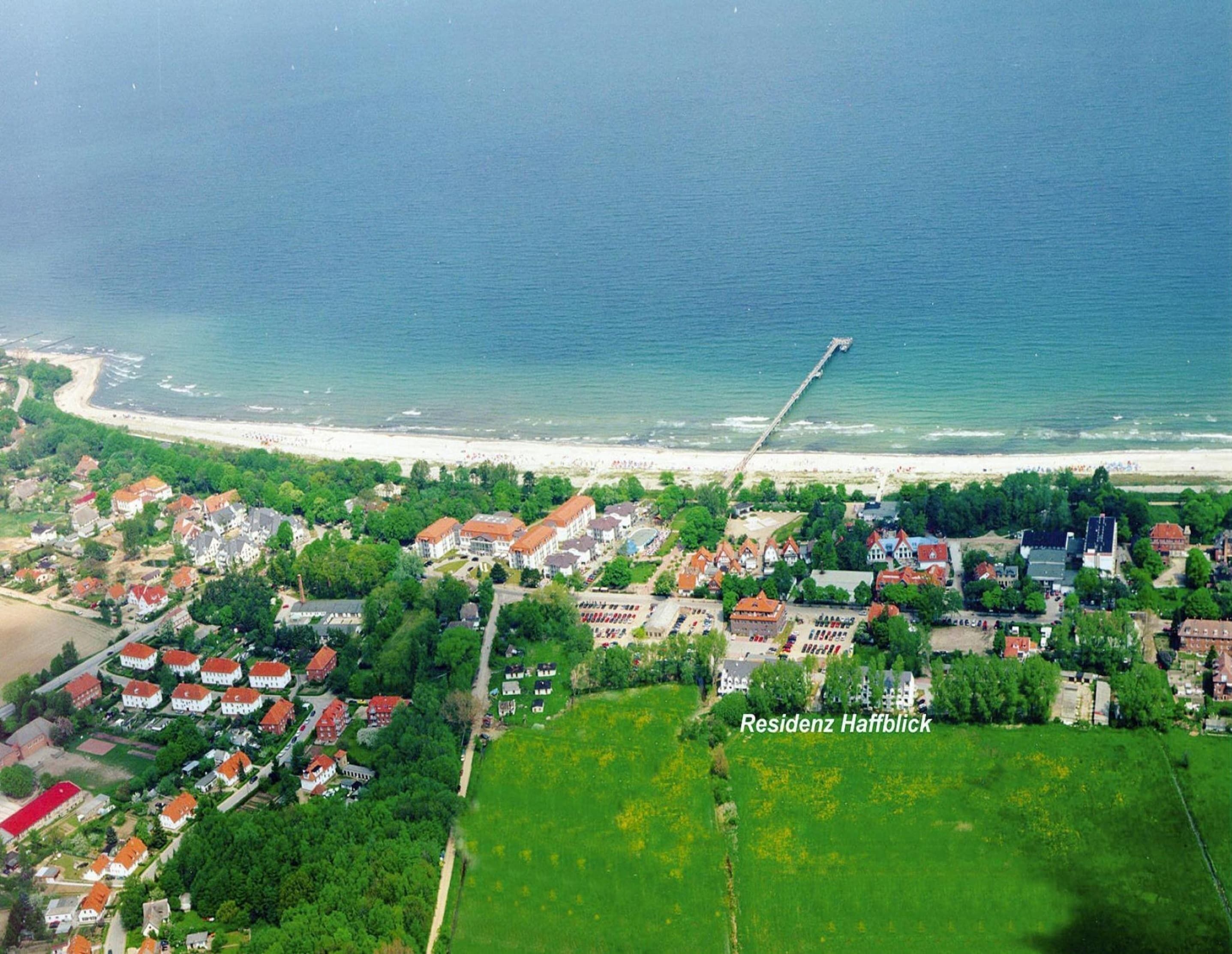 An aerial view of a coastal town with residential buildings, a beach, and a pier.